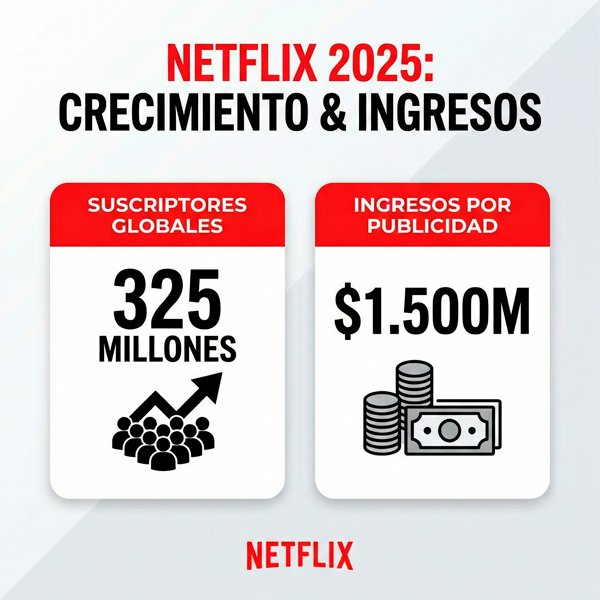 Netflix alcanza los 325 millones de suscriptores y sus ingresos por publicidad superan los $1.500 millones en 2025